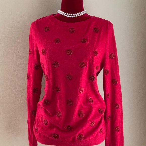 Talbots Tinsel Polkadot Wool Blend Sweater in Festive Berry Red - Picture 2 of 15